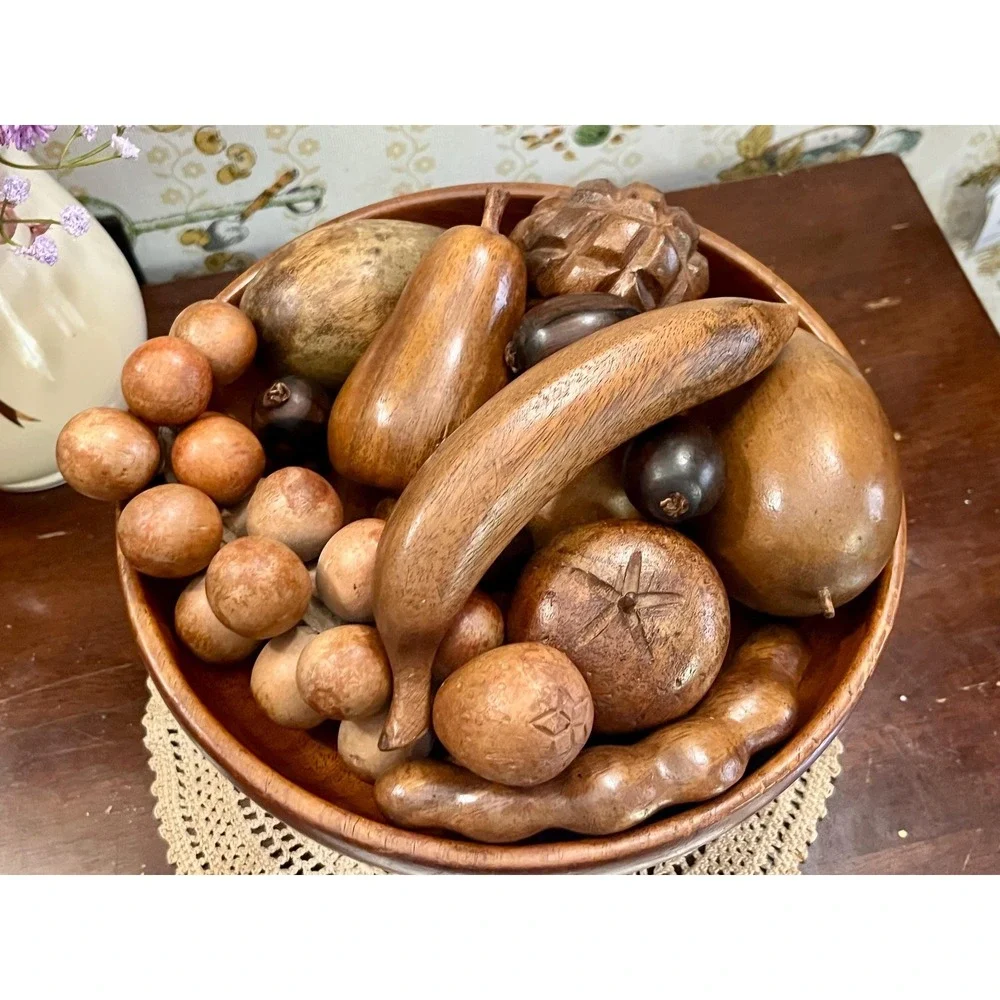 Vintage MCM Hand-Carved Wooden Fruit Bowl Centerpiece 15 Piece Set